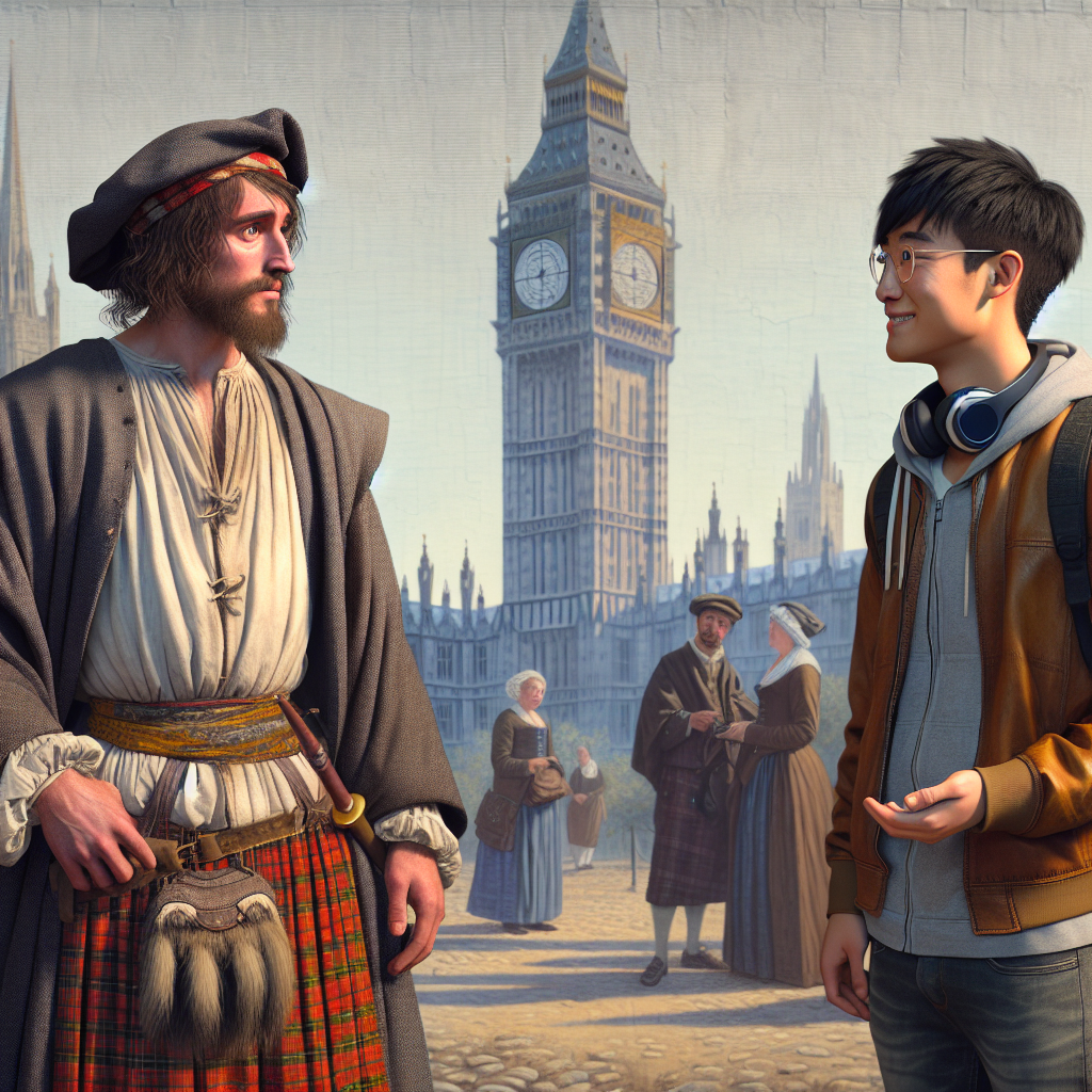 A medieval era Man (Normal peasant man from United Kingdom, Scotland) meeting a current modern era Software Developer (New York City). The clothing should match the era and style